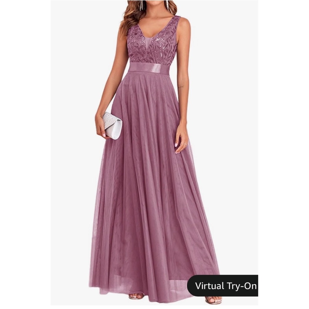 Wear Your Love Maxi Dress Womens XL New Mauve Sequin V-Neck Tulle Formal Gown